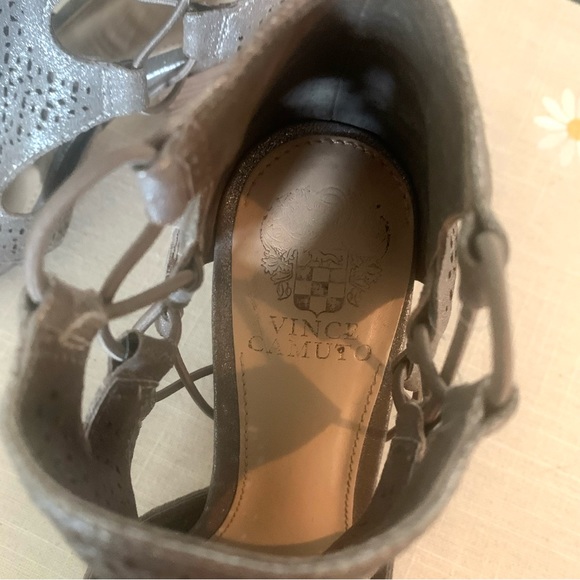 Vince Camuto Lasercut Silver Stacked Heel Sandal - Picture 9 of 9